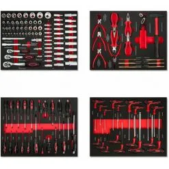 EBERTH Set Doutils Pour Servante Datelier (134 Pièces, Carbure De Tungstène, Poignées Ergonomiques, Inserts Doutils étiquetés En Mousse, Optimal Pour Latelier Automobile Et Professionnel, Rouge)
