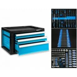 EBERTH Boîte à Outils En Métal Avec Outils (114 Pièces, 3 Tiroirs Sur Roulements à Billes, 2 Poignées Pratiques, Grande Surface De Rangement, Verrouillable, Revêtement En Poudre, Bleu Clair)