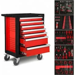 EBERTH Servante Datelier Avec Outils (7 Tiroirs à Roulements à Billes, 5 Tiroirs équipés Doutils, Verrouillables, 4 Roues, Frein De Stationnement, Revêtement Par Poudre) Chariot